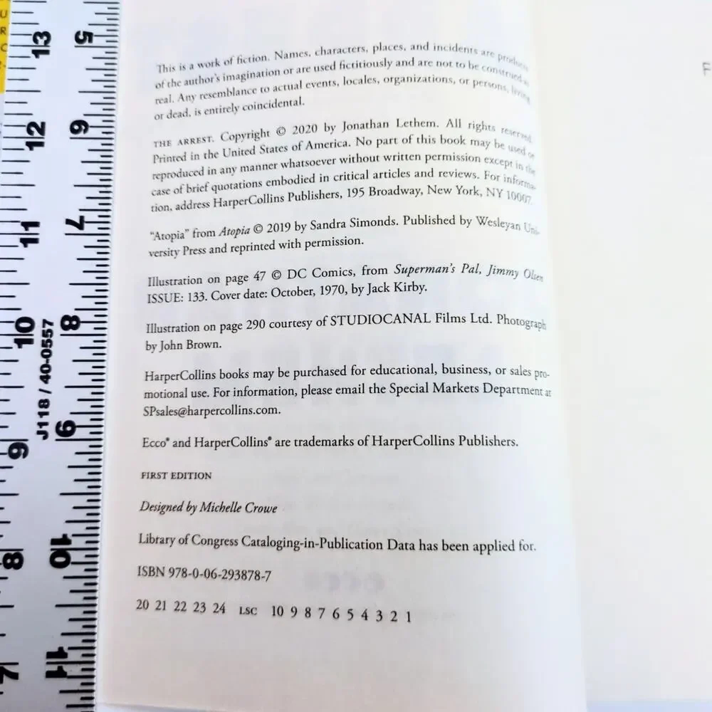 The Arrest Jonathan Lethem 2020 First Edition Sci-Fi Novel HarperCollins New